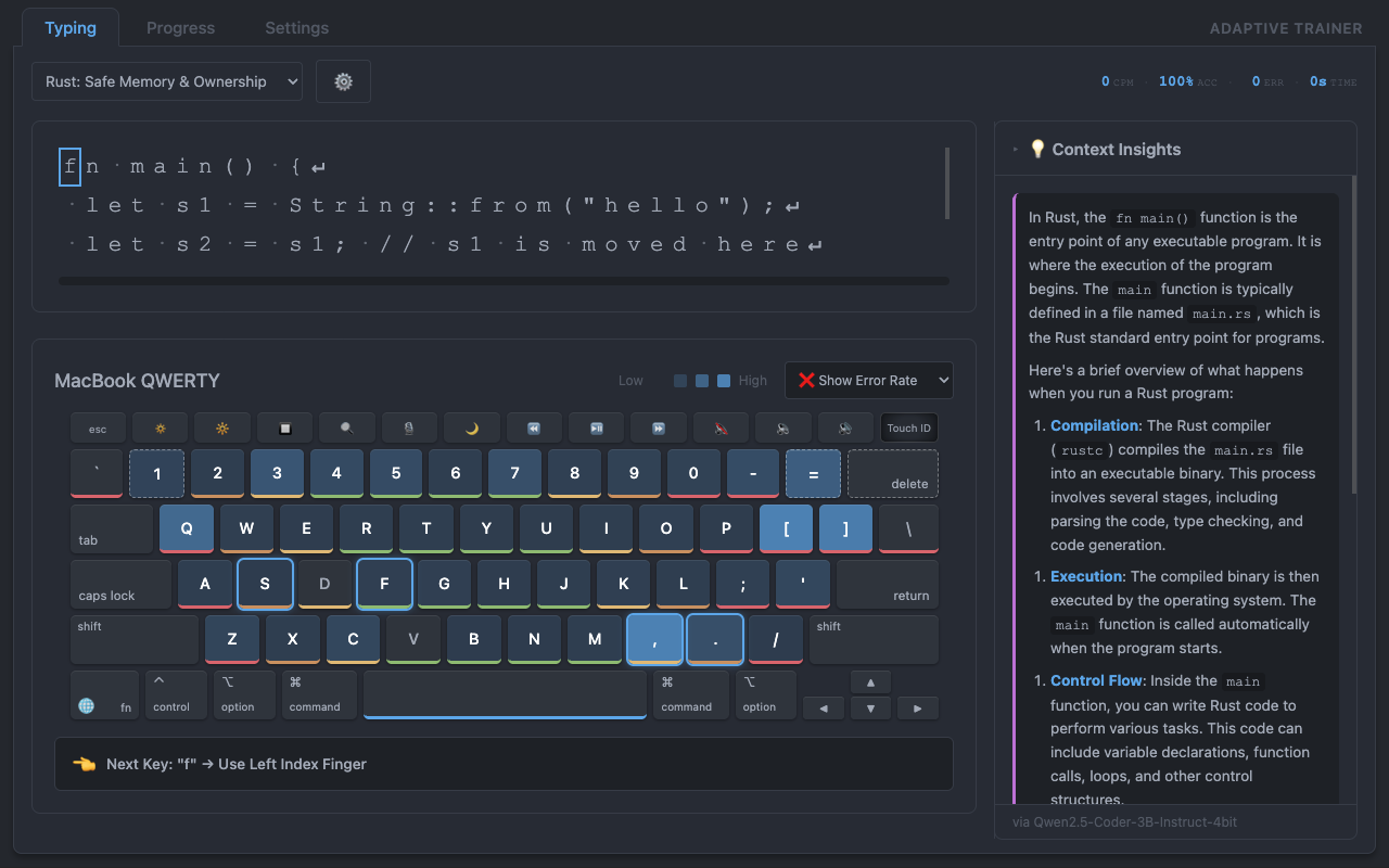 Main typing interface showing a Rust code lesson with a colour-coded keyboard heatmap below. Live stats show 0 CPM, 100% ACC, 0 ERR. The cursor is on the 'f' in 'fn main()'.