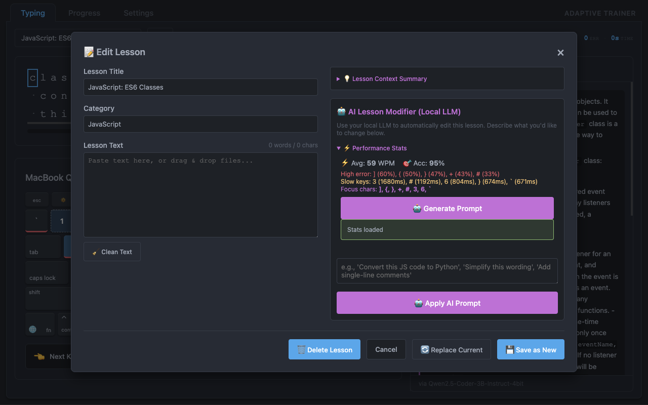 Typing interface with an open import/export dropdown menu showing options to import from file or generate lessons from performance stats
