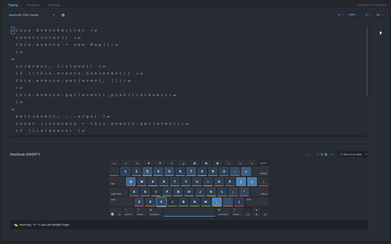 Typing interface showing a Rust code lesson with live keyboard heatmap and contextual LLM insights panel on the right