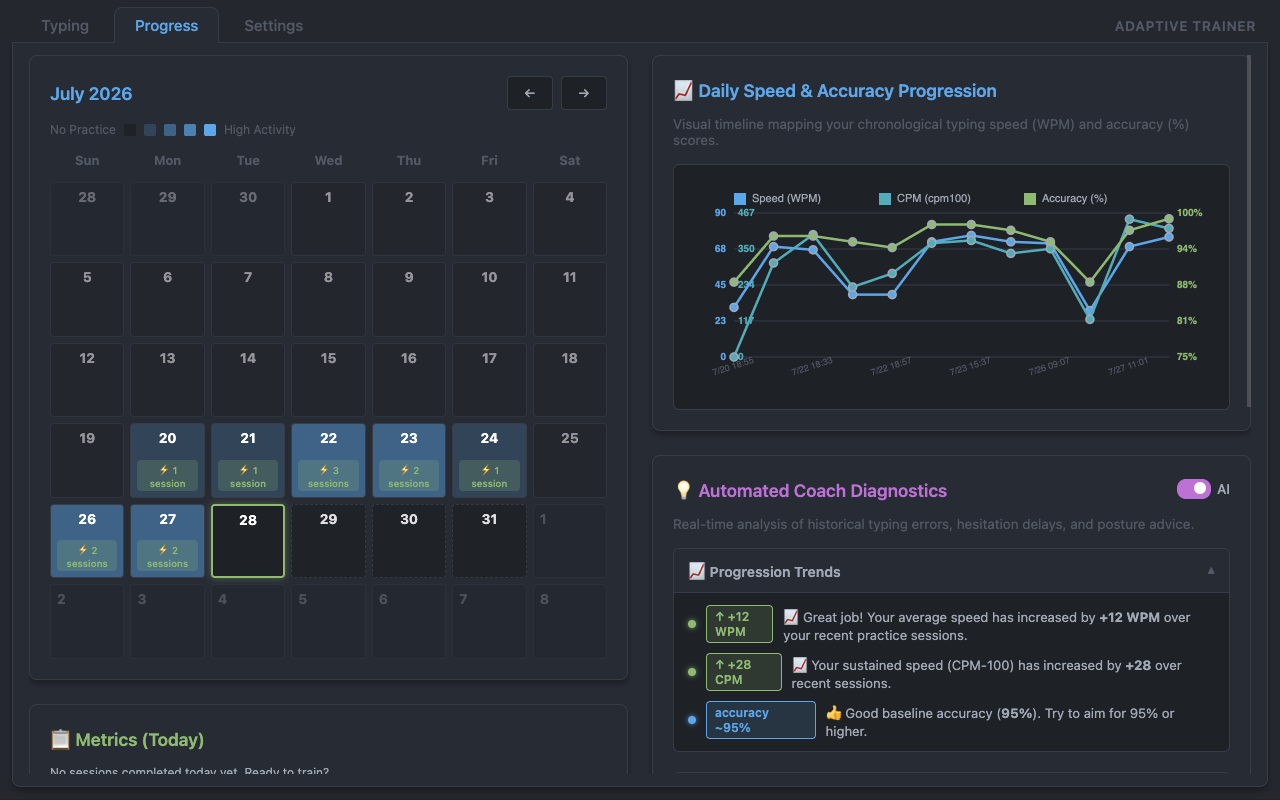 Progress dashboard showing a July 2026 calendar heatmap, WPM and accuracy trend charts, and AI-powered coach diagnostics