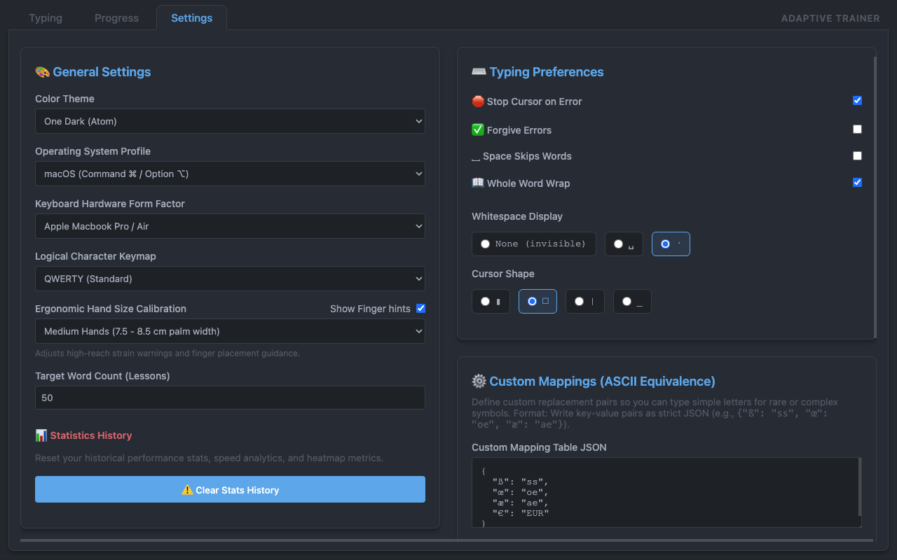 Settings page with local LLM endpoint configuration, custom character replacement table, and practice lockout controls